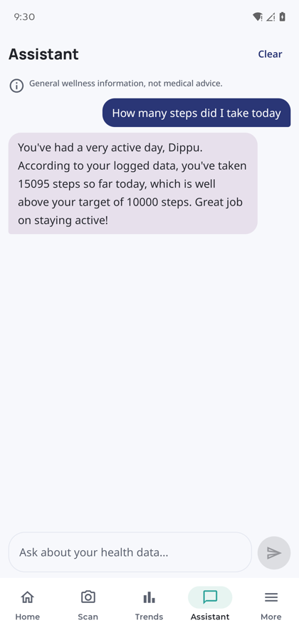 The Valenox assistant answering a question about today's step count using the user's own logged data.