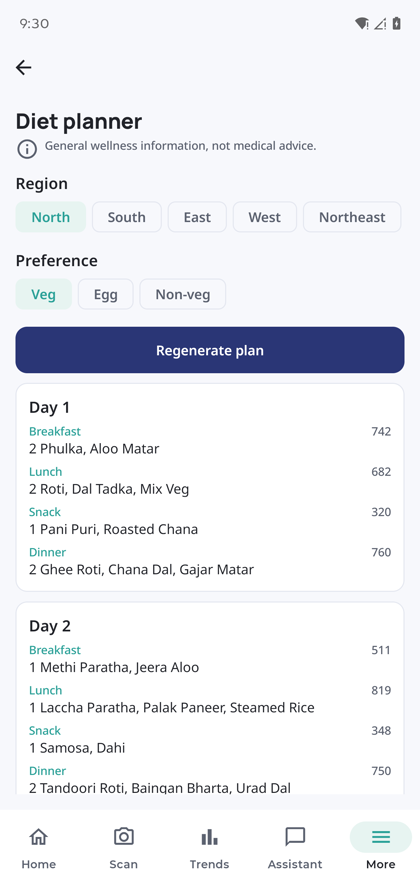 The diet planner showing region and preference filters with a seven-day Indian meal plan of phulka, dal tadka, methi paratha and palak paneer.