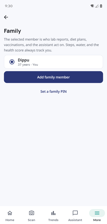 The family screen showing the selected member and options to add a family member or set a family PIN.