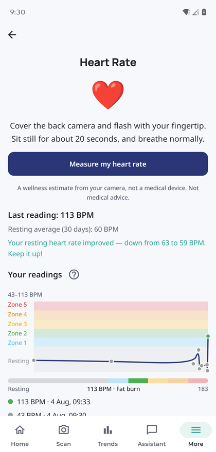 The Valenox heart rate screen: measure with the camera, last reading 113 BPM, resting average 60 BPM, and a zone chart.