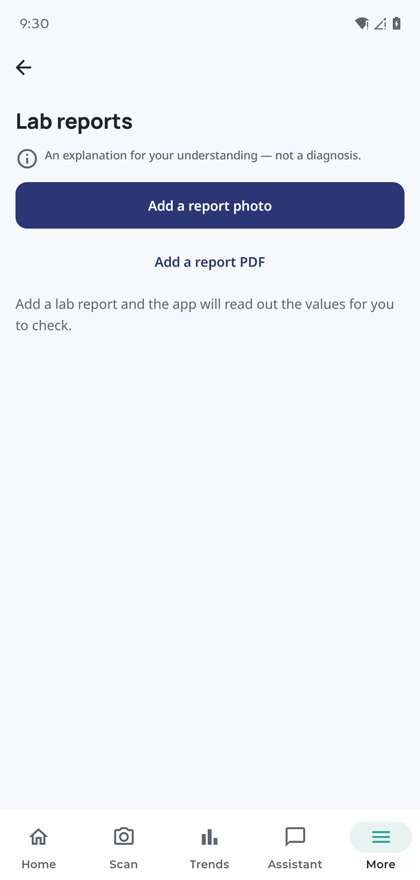 The lab reports screen offering to add a report photo or PDF and read out the values for you to check.