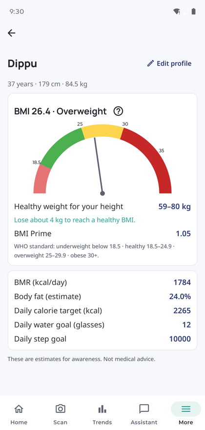 A Valenox profile screen showing a BMI dial at 26.4, healthy weight range, BMR, body fat estimate and daily calorie, water and step goals.