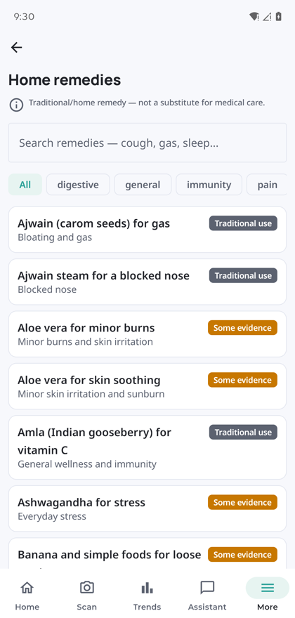 The home remedies list showing ajwain for gas, aloe vera for burns and ashwagandha for stress, each tagged with an evidence badge.