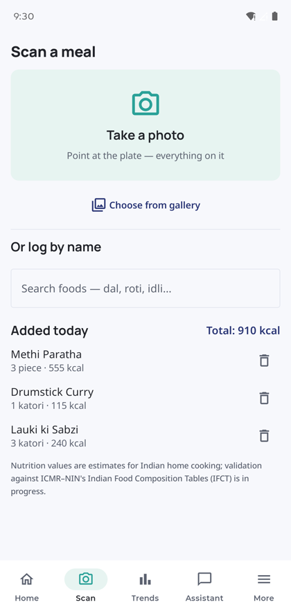 The Valenox food scanner showing methi paratha, drumstick curry and lauki ki sabzi logged for a total of 910 kcal.