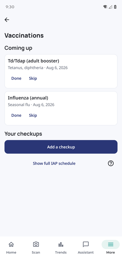 The vaccinations screen listing an upcoming Td/Tdap adult booster and annual influenza shot with Done and Skip actions.