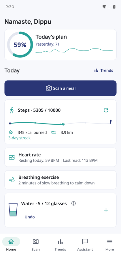 The Valenox home dashboard showing 5305 of 10000 steps, a 3-day streak, heart rate, and water at 5 of 12 glasses with an undo option.