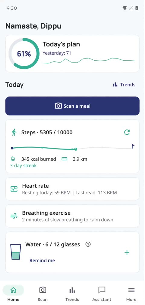 The Valenox home dashboard showing the day's plan progress.